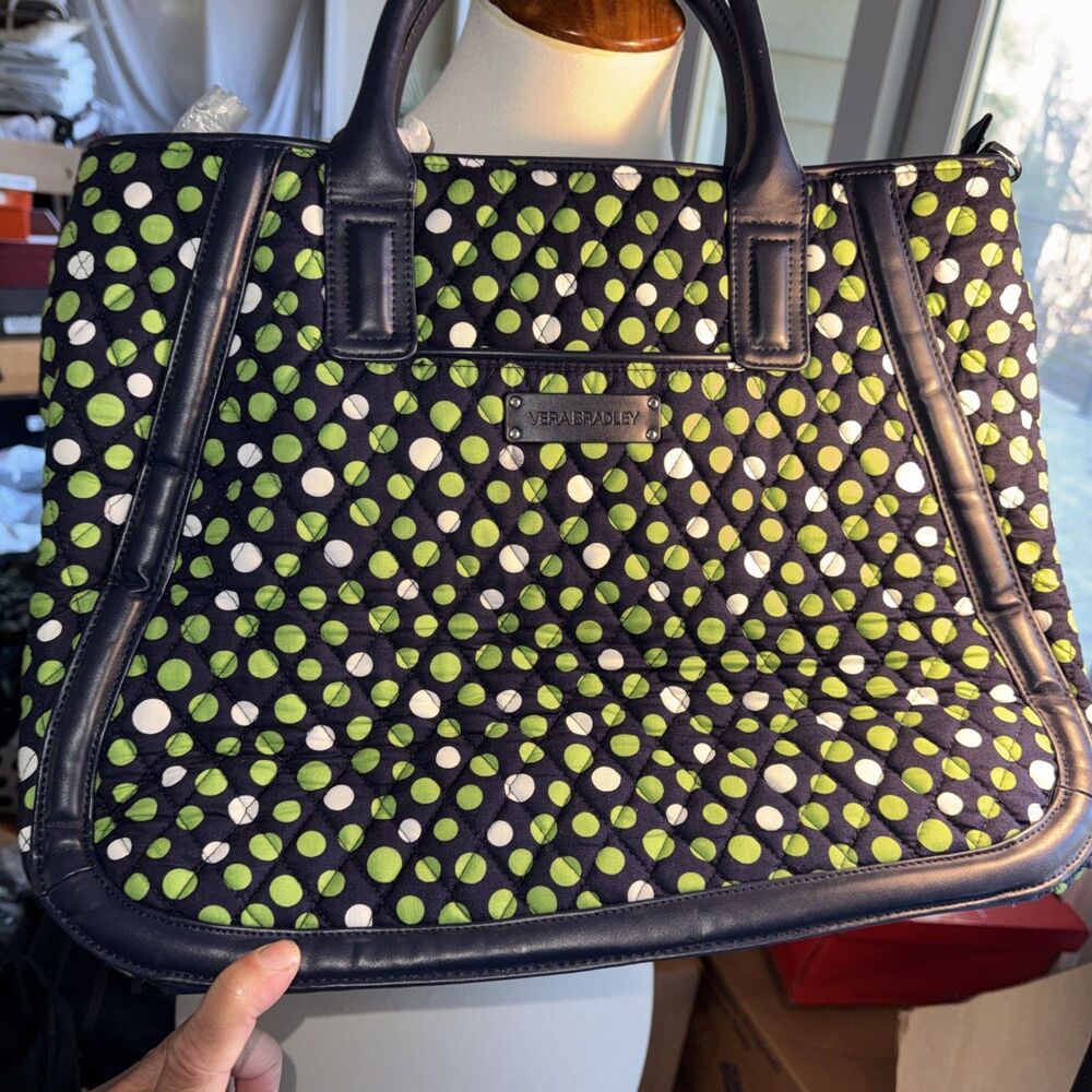 Vera Bradley Trapeze Tote Purse Bag in Lucky Dots Green White Navy Blue